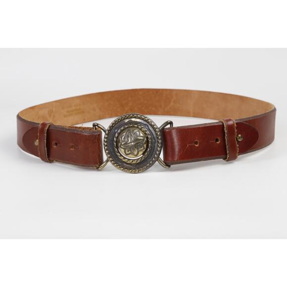 Vintage First Issue Brown Leather Belt Brass Medallion Buckle Size 30 main image 6